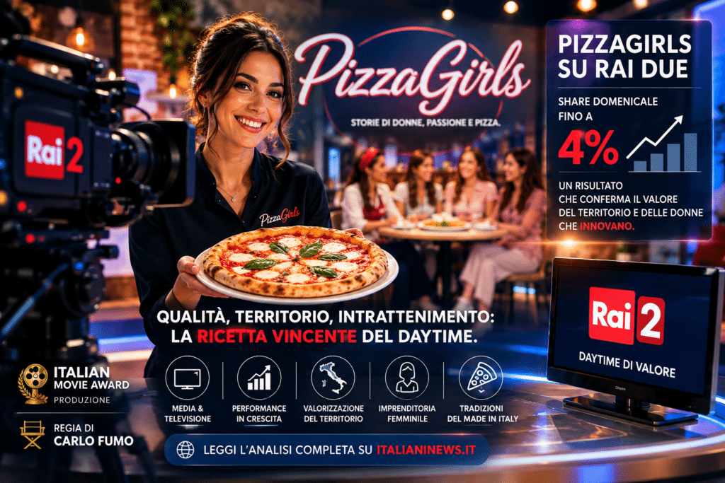 Locandina ufficiale PizzaGirls su Rai Due con dati di share al 4%, la conduttrice con una pizza in mano e i loghi di Italian Movie Award e Carlo Fumo.