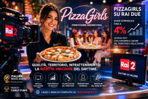 Locandina ufficiale PizzaGirls su Rai Due con dati di share al 4%, la conduttrice con una pizza in mano e i loghi di Italian Movie Award e Carlo Fumo.