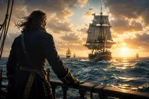 Uomo su una nave guarda il mare e le flotte all’orizzonte, simbolo delle potenze navali e del superamento della paura