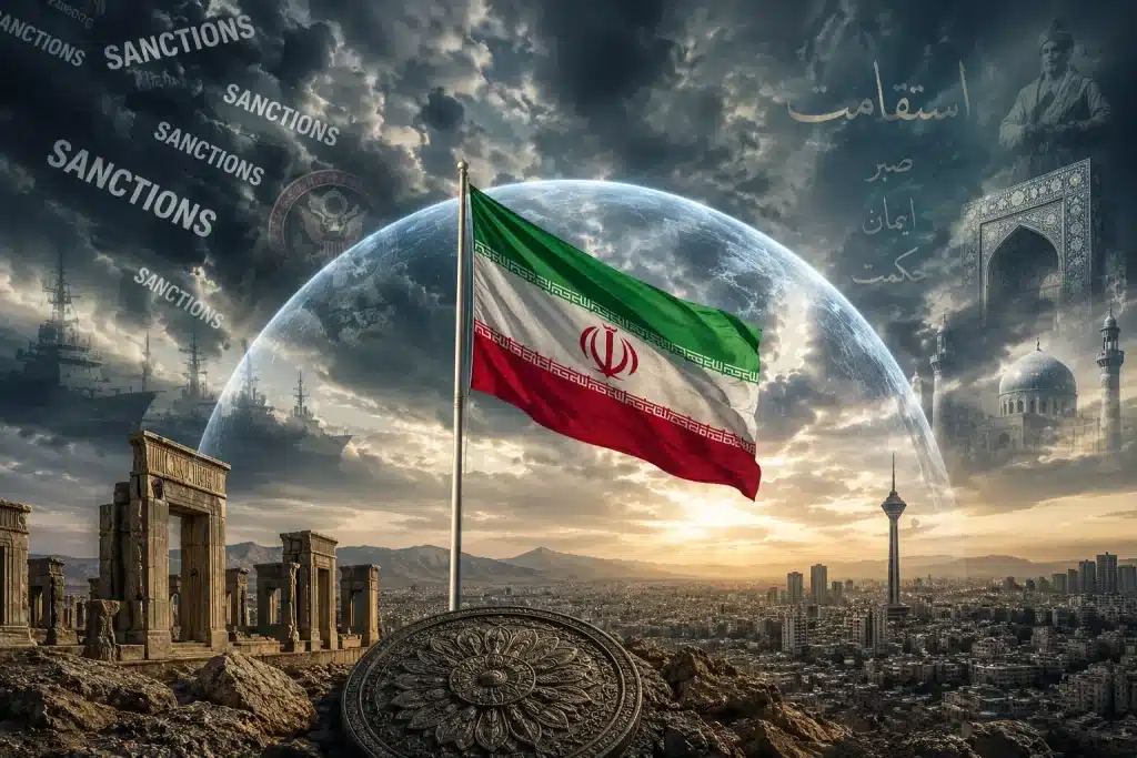 Bandiera iraniana su sfondo drammatico