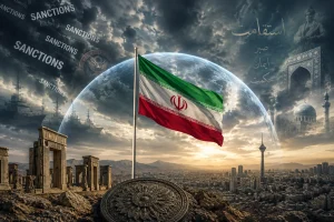 Bandiera iraniana su sfondo drammatico