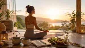 Meditazione al tramonto con cibo sano