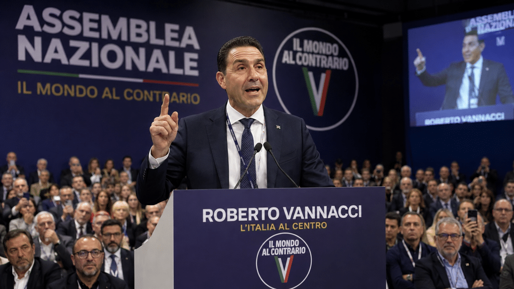 Roberto Vannacci parla a un'assemblea.