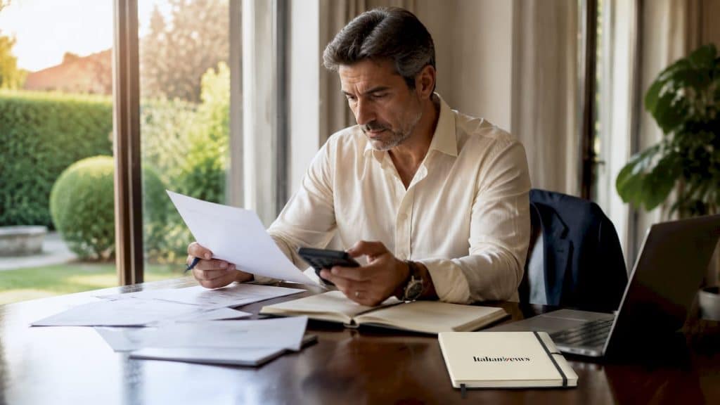 Un uomo consulta attentamente i documenti relativi ai bonus governativi comodamente seduto a casa sua.