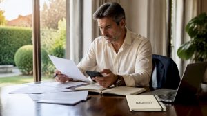 Un uomo consulta attentamente i documenti relativi ai bonus governativi comodamente seduto a casa sua.