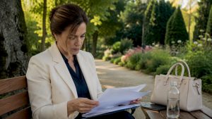 Una donna impegnata in politica esamina attentamente dei documenti nel suo ufficio istituzionale.