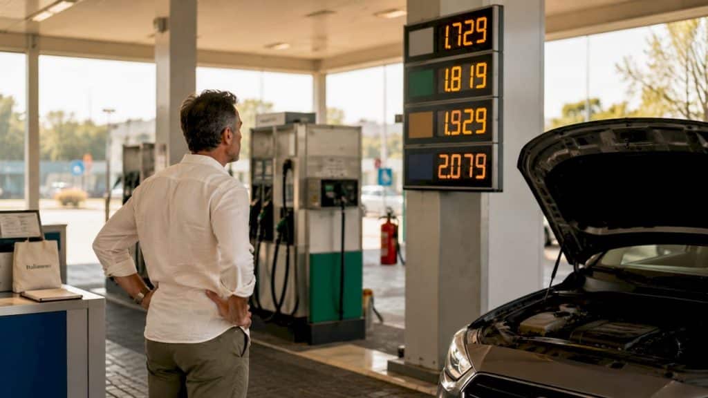 Un uomo dà un’occhiata al prezzo della benzina mentre fa rifornimento