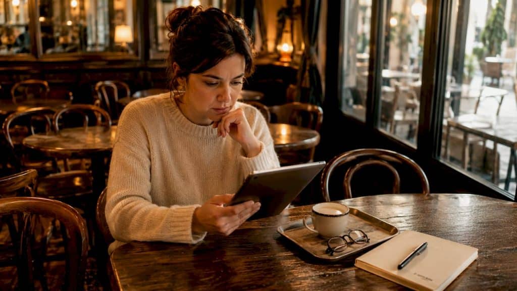 Una donna comodamente seduta in salotto si tiene aggiornata sulle ultime notizie leggendo dal suo tablet.