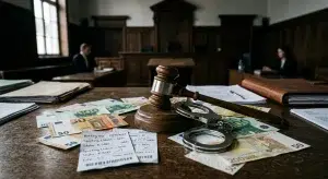 Tribunale, manette, martelletto soldi