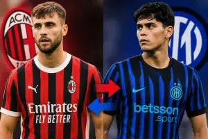 Un calciatore con la maglia dell'Inter e del Milan