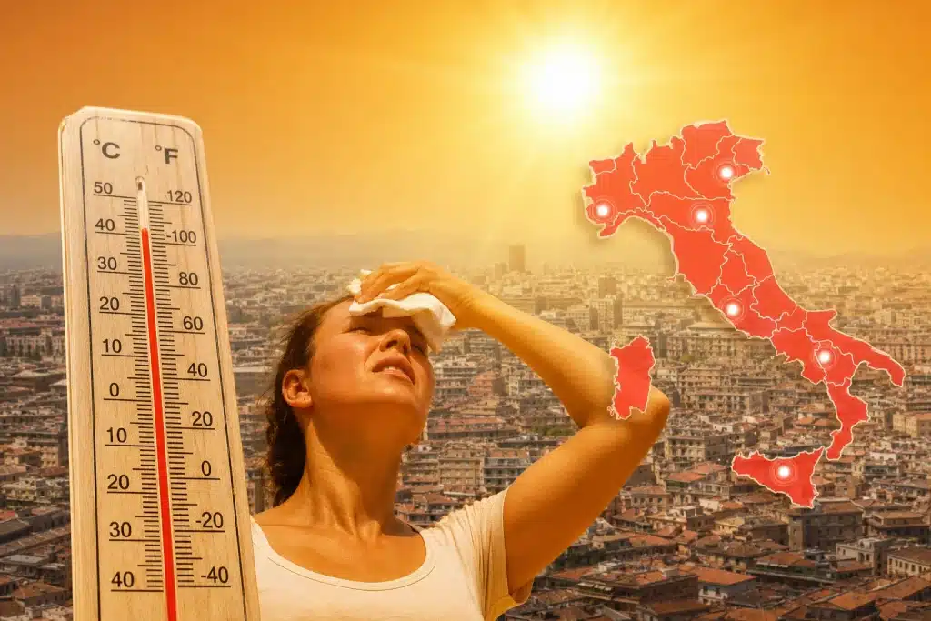 Una donna con il caldo e alle spalle l'Italia