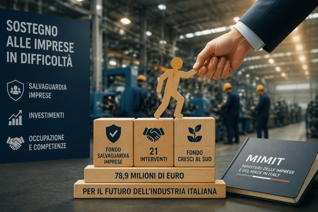 Illustrazione sul sostegno alle imprese italiane in difficoltà con riferimento al Fondo Salvaguardia Imprese e al Fondo Cresci al Sud, strumenti gestiti con il supporto di Invitalia per favorire investimenti, tutelare l'occupazione e rafforzare il sistema produttivo nazionale.