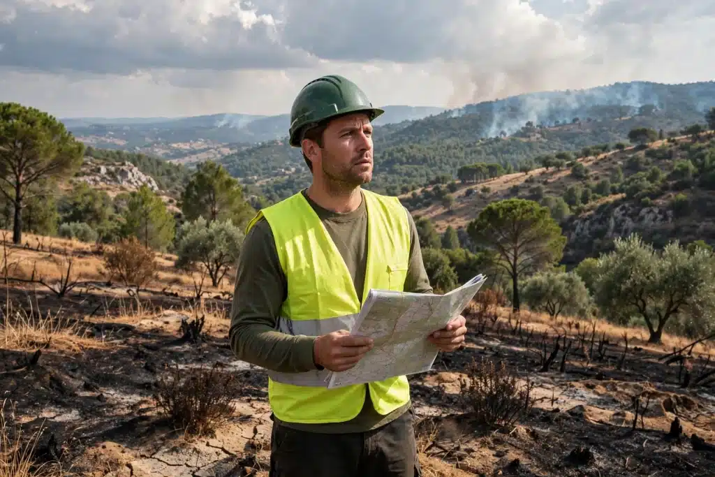 Un uomo vestito da lavoro dopo un incendio