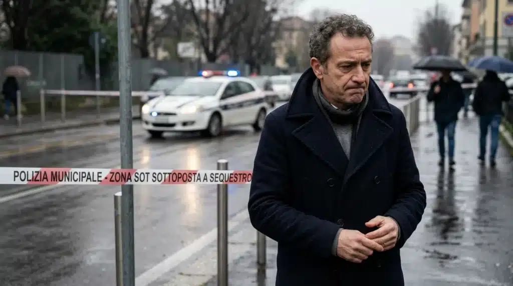 Un uomo con dietro il luogo dell'incidente