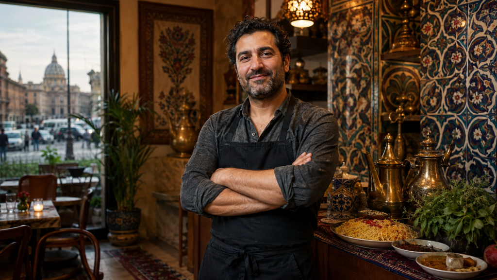 Mehdi Sarmadi nel suo ristorante persiano a Roma, simbolo di coraggio e integrazione culturale
