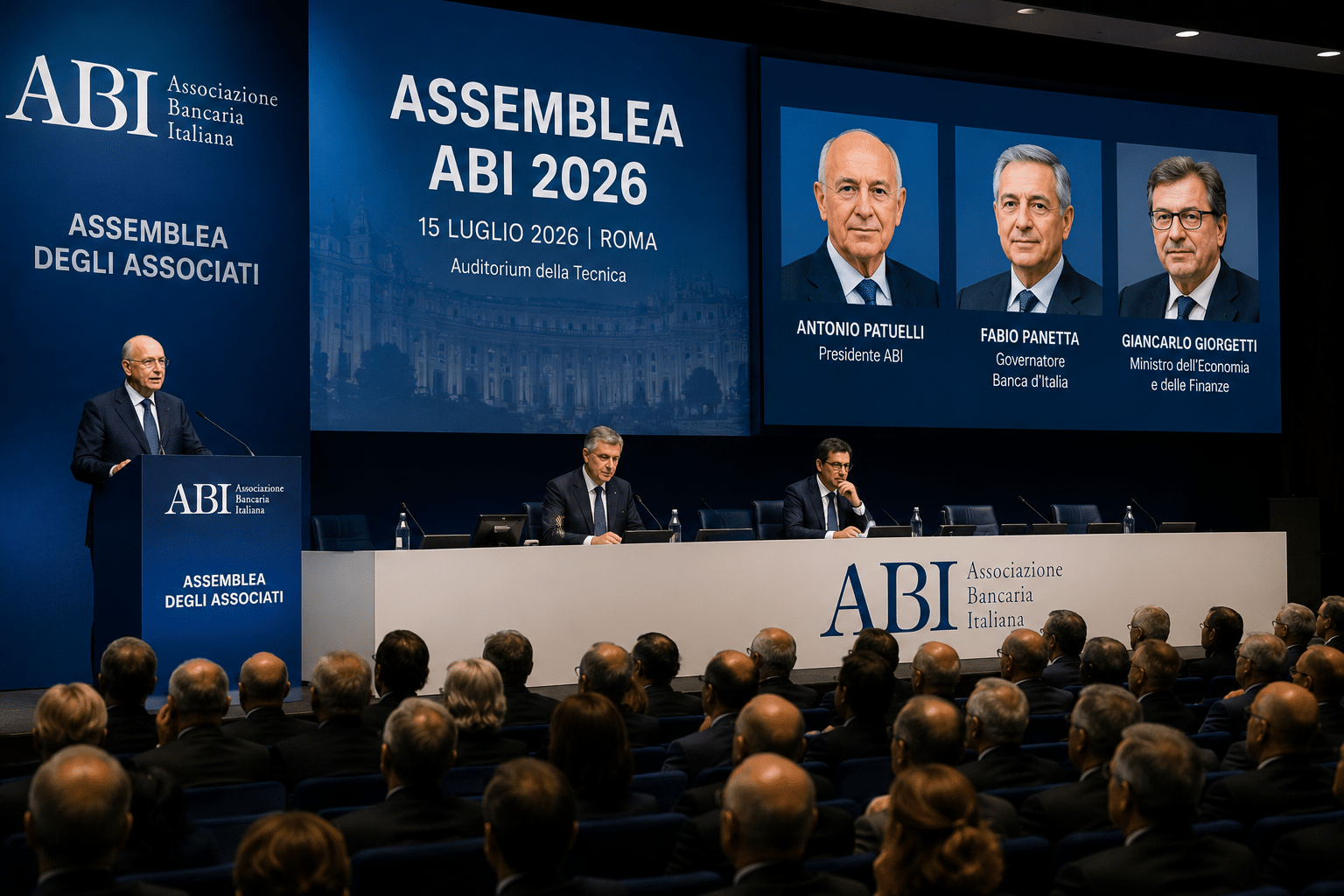 Assemblea ABI 2026 a Roma con banche, Bankitalia e Governo a confronto su credito, mutui e risparmio.