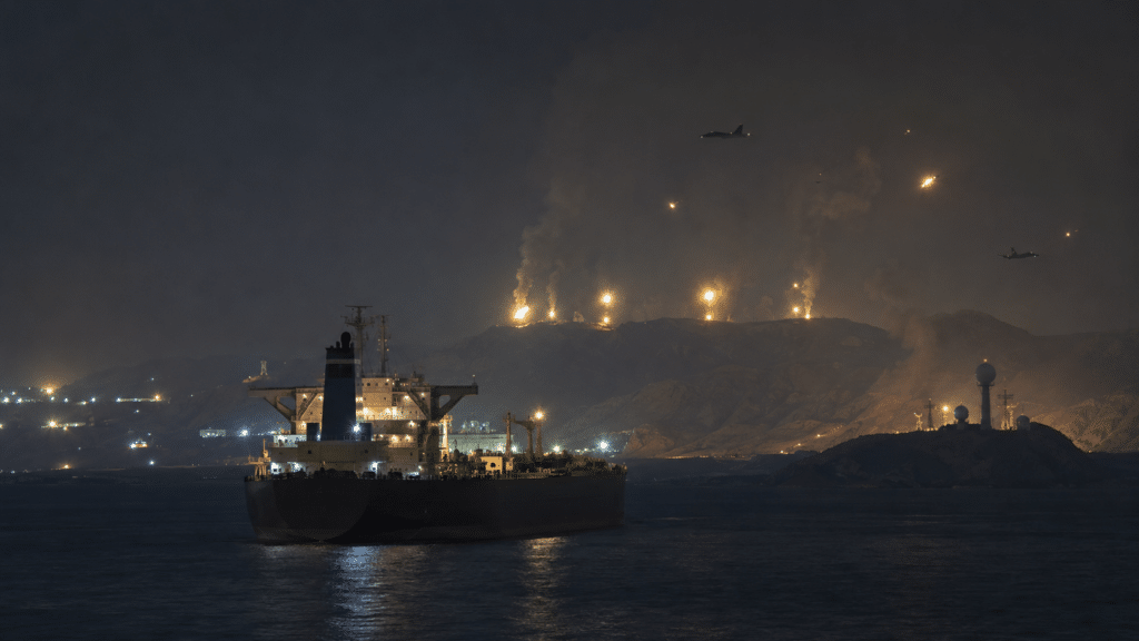 Navi e fuochi notturni in lontananza.