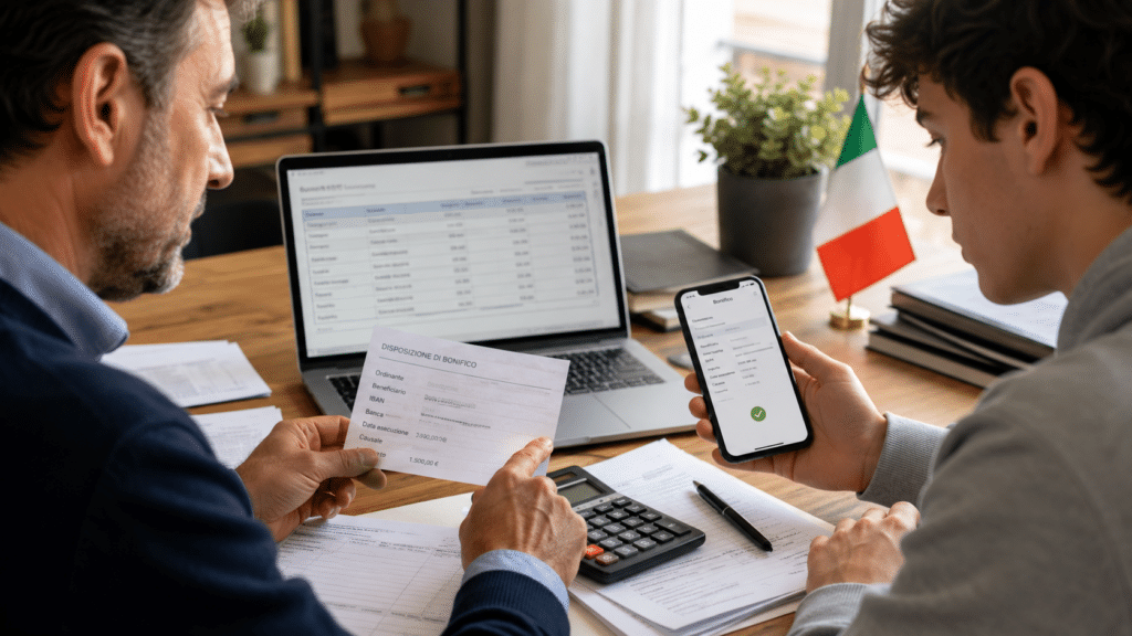 Due uomini discutono documenti finanziari.
