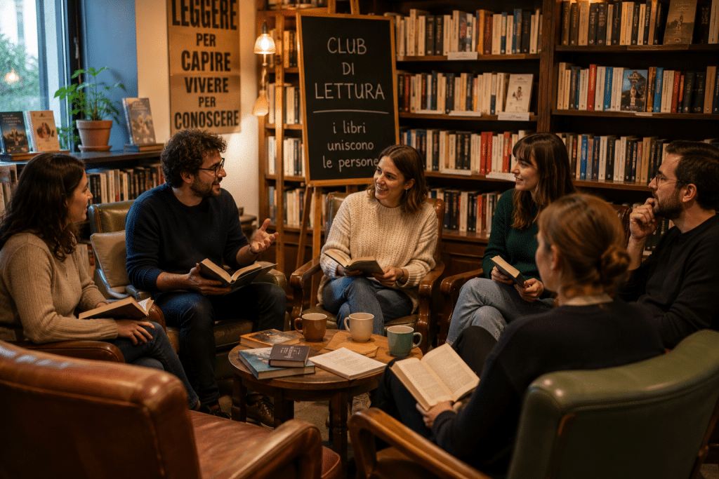 Gruppo di lettori riunito in un club letterario per discutere di libri