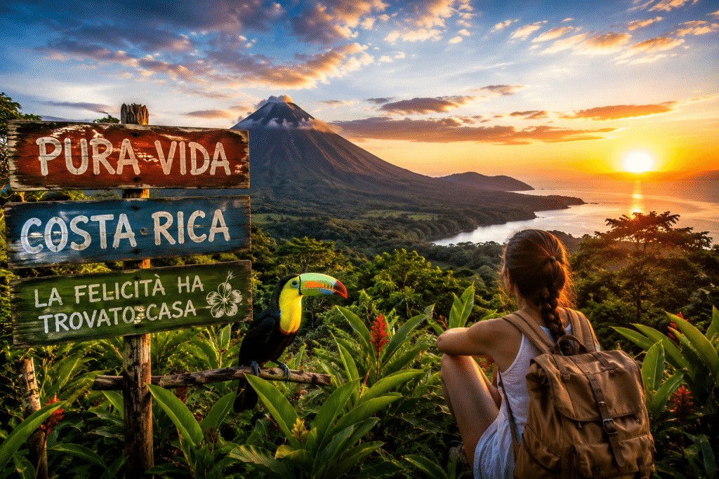 Paesaggio del Costa Rica con vulcano, foresta tropicale, oceano, tucano e cartello Pura Vida al tramonto.