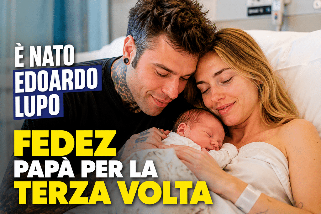 Immagine editoriale sulla nascita di Edoardo Lupo, terzo figlio di Fedez