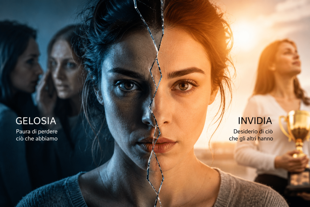 Volto diviso tra gelosia e invidia, emozioni legate al confronto sociale