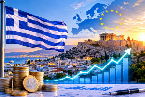 Bandiera greca, Acropoli, monete in euro e grafico della rinascita economica della Grecia.