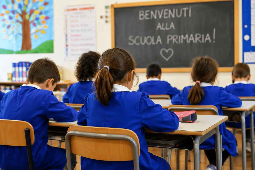 Alunni con grembiule blu seduti in una classe della scuola primaria