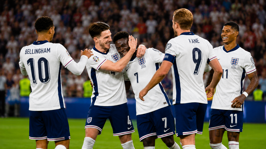 Giocatori inglesi festeggiano un gol.