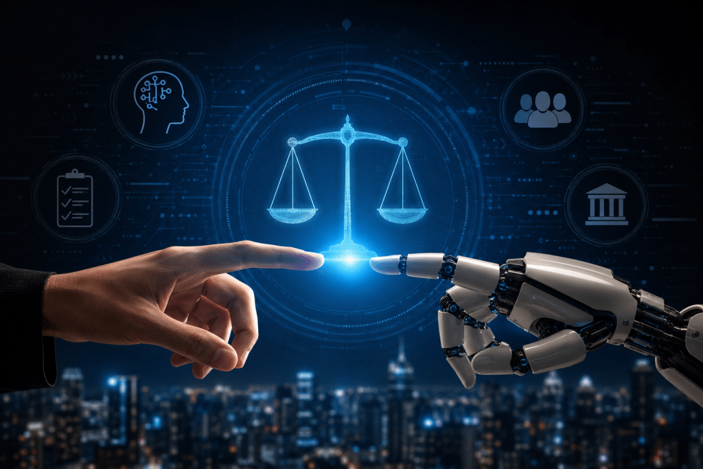 Mano umana e mano robotica davanti a una bilancia, simbolo del rapporto tra intelligenza artificiale, tecnologia ed etica.