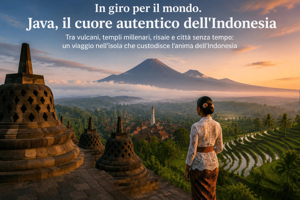 Paesaggio indonesiano con templi e risaie.