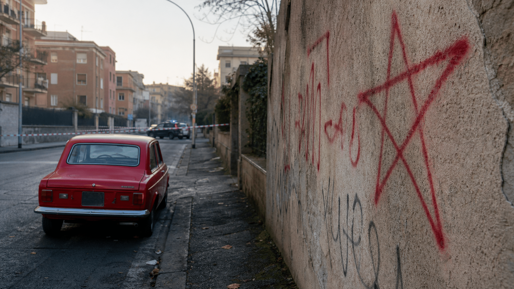 Auto rossa vicino a un muro.