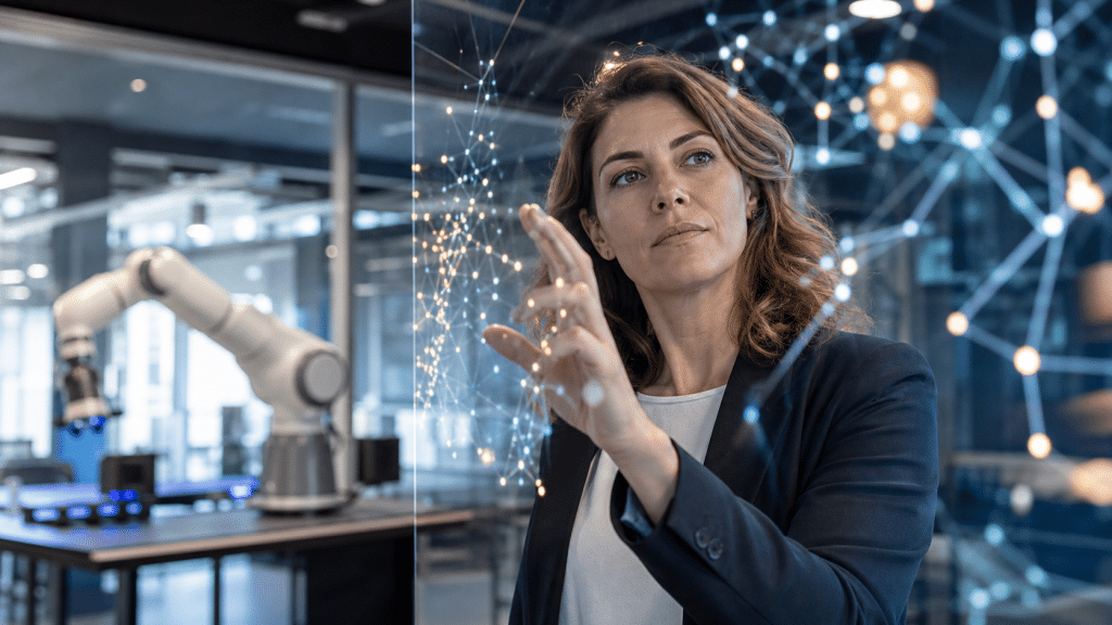 Donna interagisce con tecnologia avanzata.