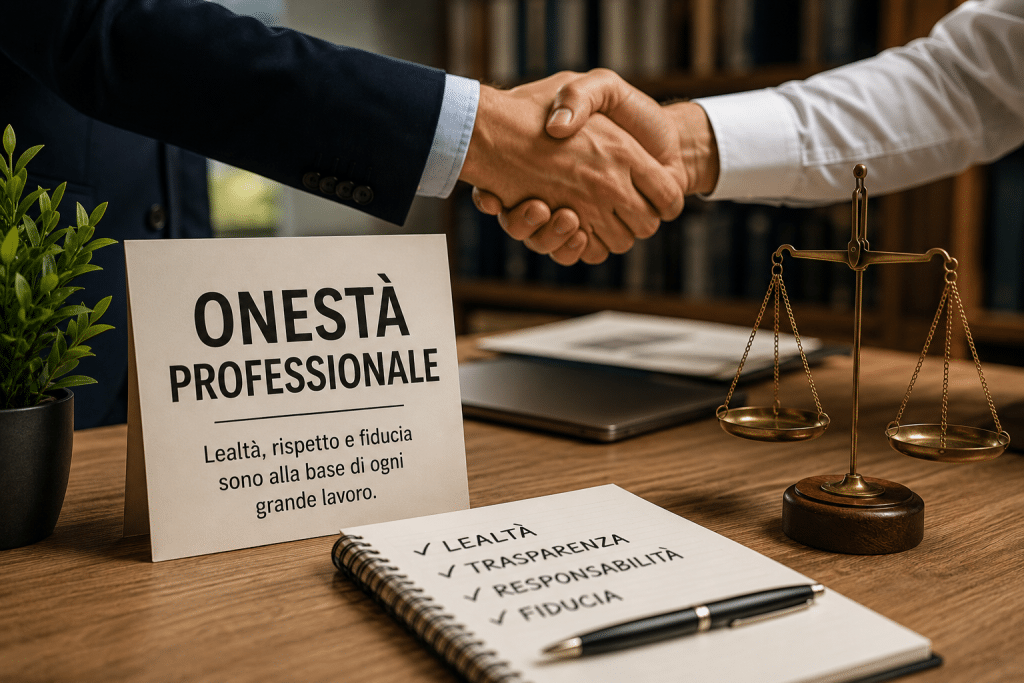 Stretta di mano tra professionisti con simboli di onestà, lealtà, responsabilità e fiducia sul lavoro.