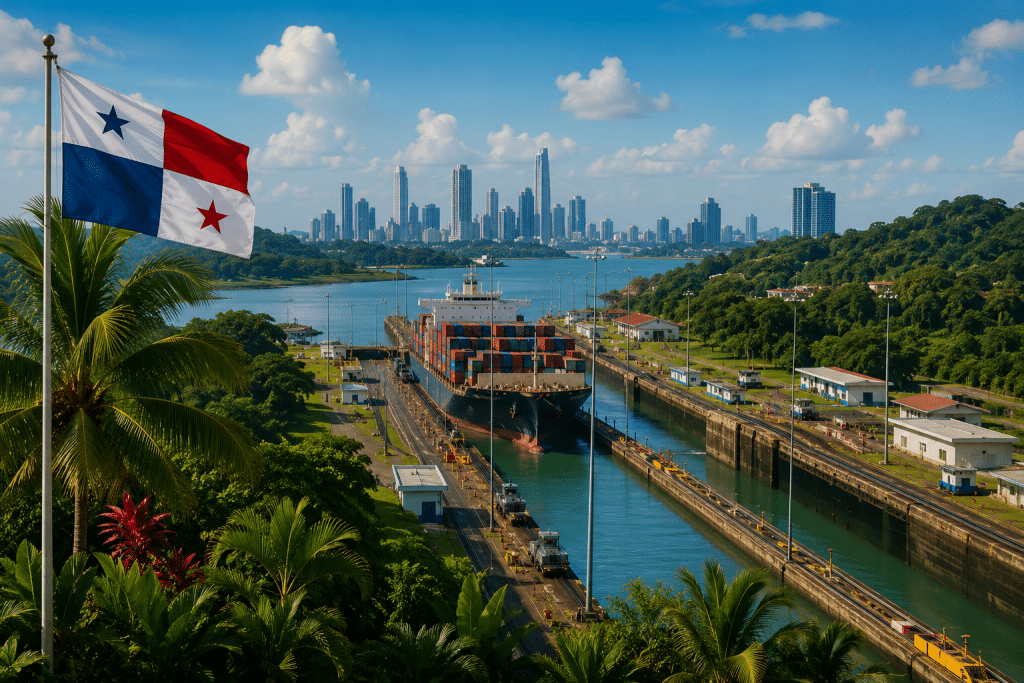 Nave portacontainer attraversa il Canale di Panama tra foresta tropicale e skyline di Panama City.