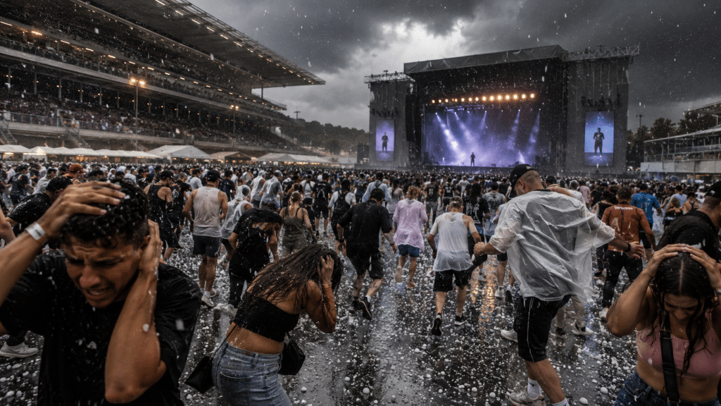 Grandine gigante all’Ippodromo La Maura durante il concerto di Bad Bunny poi annullato