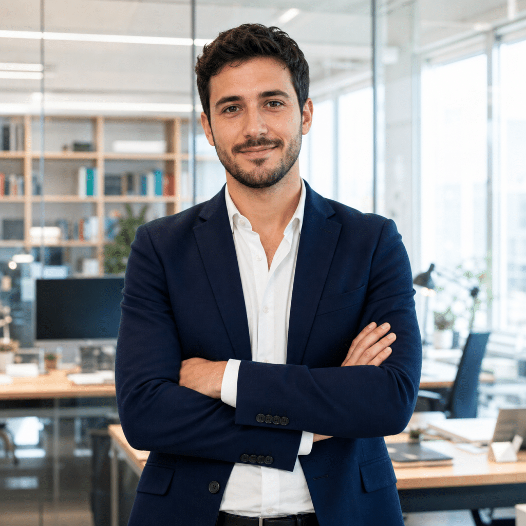Uomo in giacca, ufficio moderno.