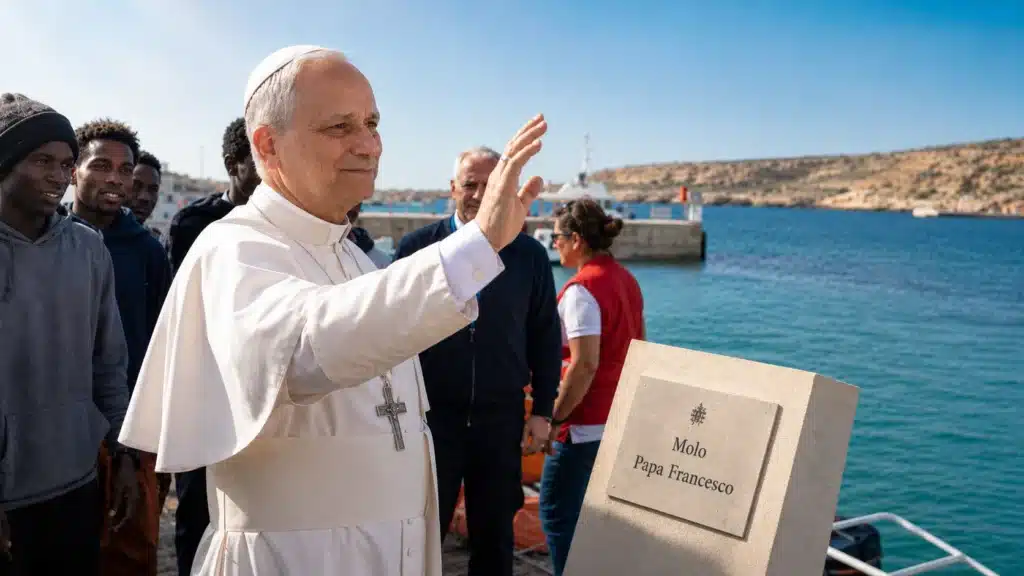 Papa Francesco saluta i migranti.