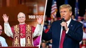 Fotocollage che mostra Donald Trump e Papa Leone, con uno sfondo simbolico che unisce la Casa Bianca e la Basilica di San Pietro in Vaticano.