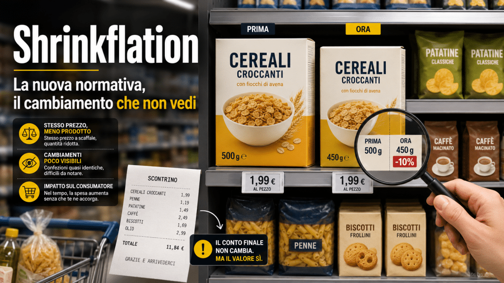 Shrinkflation in supermercato con confezioni ridotte e stesso prezzo dopo la nuova normativa.