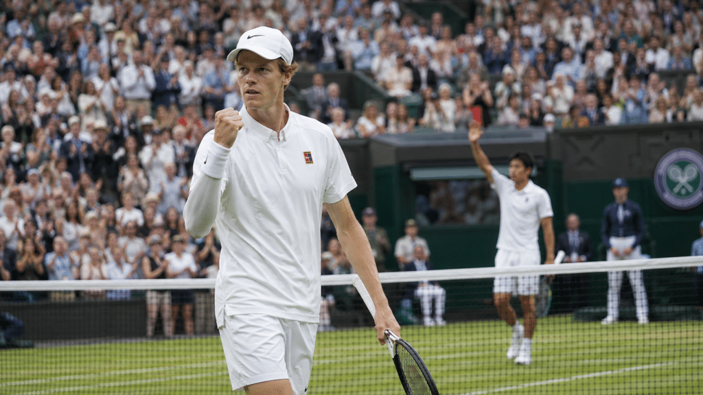 Giocatore di tennis esulta a Wimbledon