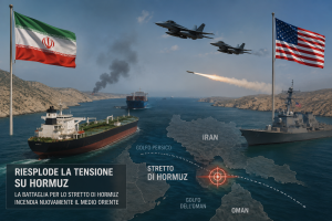 Stretto di Hormuz con navi militari, petroliere e tensione tra Iran e Stati Uniti.