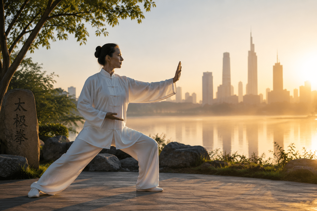 Praticante di tai chi all'alba.