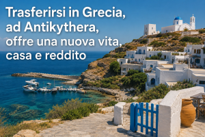 Veduta di Antikythera con case bianche, mare e piccolo porto