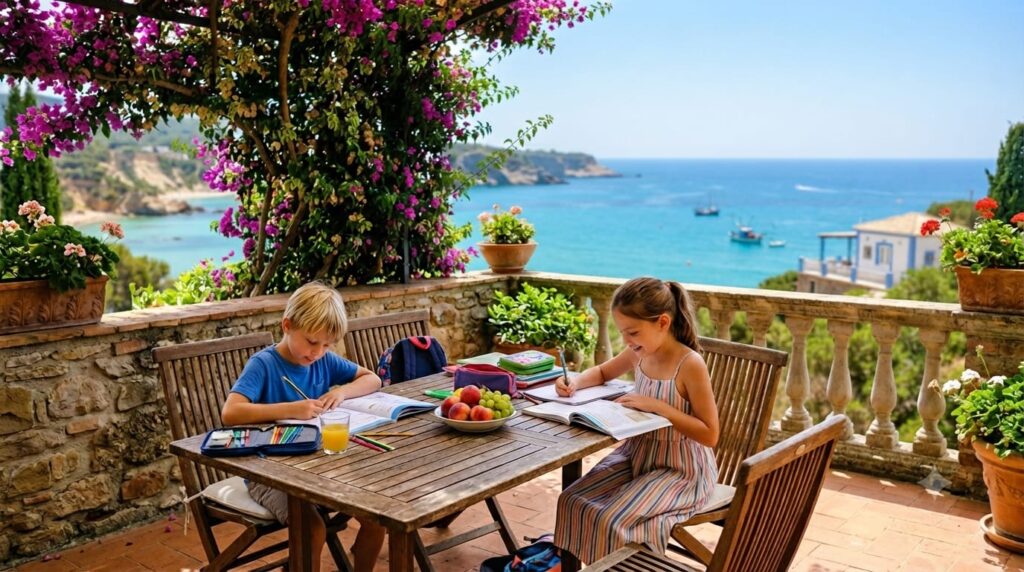 Due bambini studiano con vista mare.
