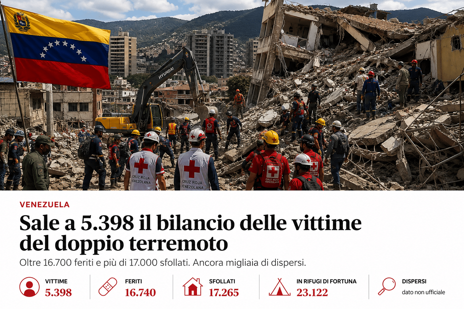 Venezuela, sale a 5.398 il bilancio delle vittime del doppio terremoto: oltre 16.700 feriti e migliaia di sfollati