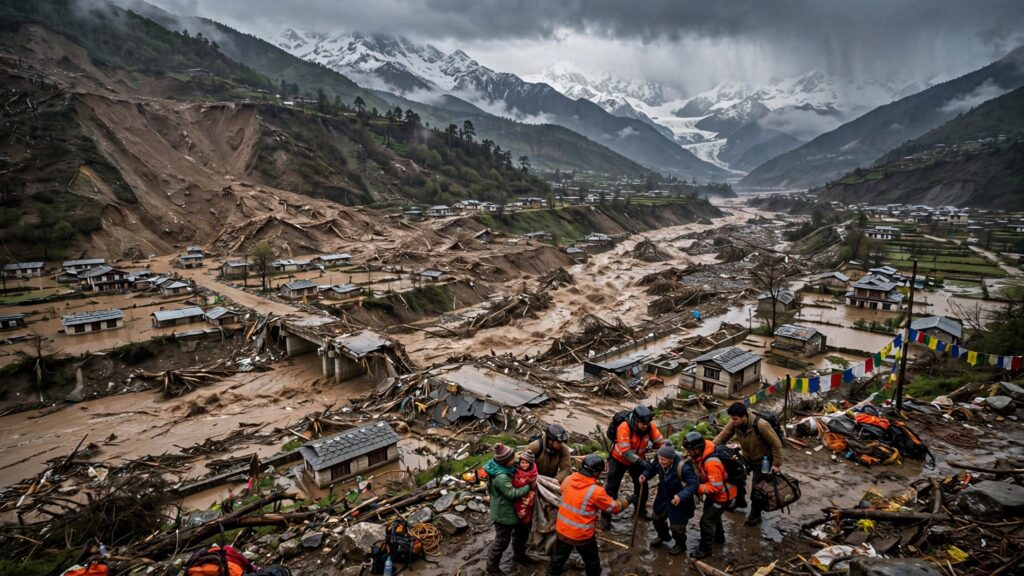 Un momento dell'alluvione fra Nepal e Tibet