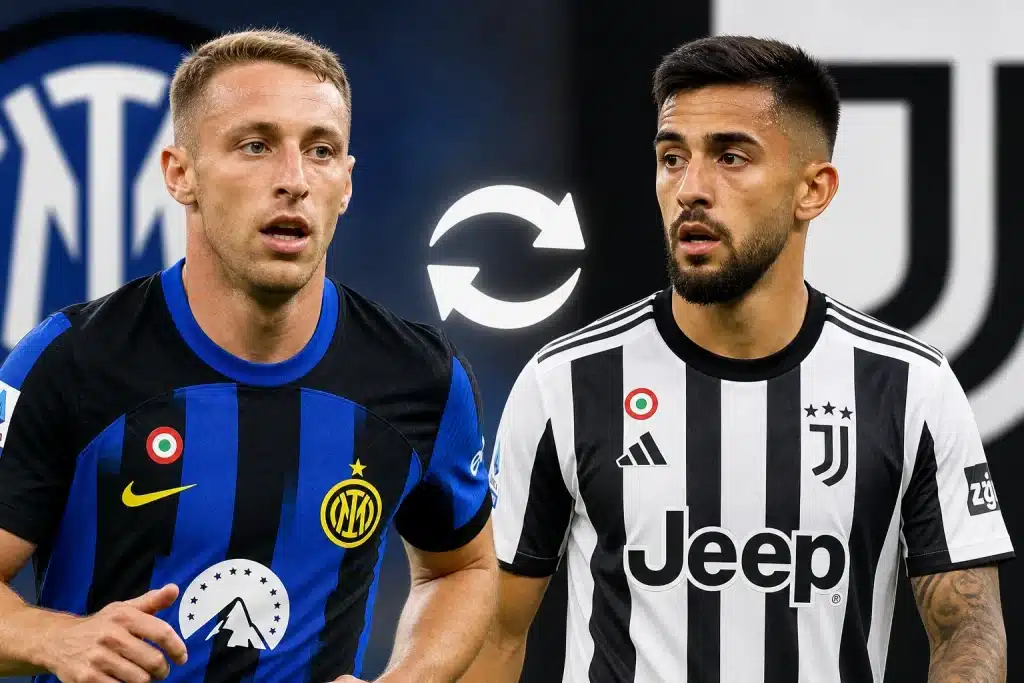In foto due calciatori e una freccia