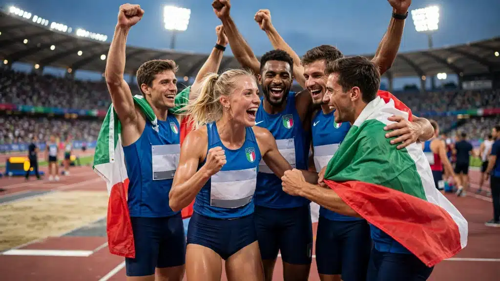 Alcuni atleti italiani che festeggiano