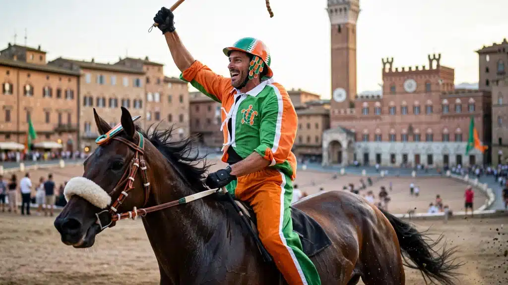 In primo piano un fantino che esulta dopo la vittoria al Palio di Siena